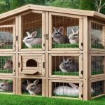 Un grand clapier modulaire en bois installé dans un jardin, bien intégré à l'environnement naturel, avec des lapins visibles à l'intérieur ou autour